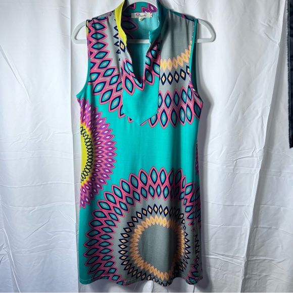 Aryeh Sleeveless Shift Dress Medium – Bold Geometric Mandala Print Boho Retro - Picture 1 of 8